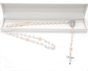 White CRYSTAL Pearl & Pink Cultured Pearl Rosary Beads - Traditional Crucifix