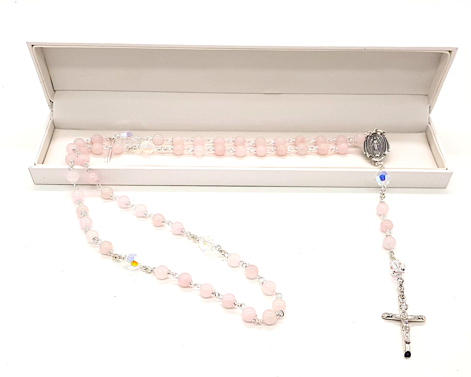 Rose Quartz &  Clear Crystal Gemstone rosary beads