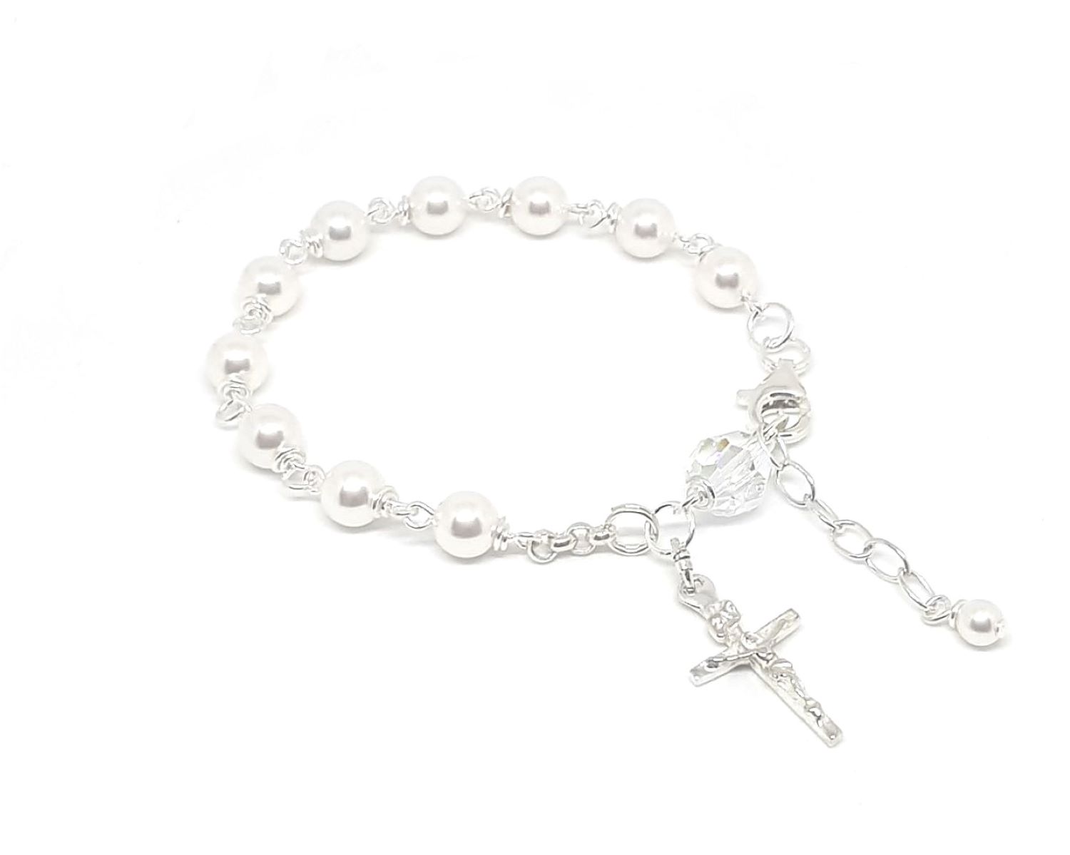 White Crystal Pearl on Silver Child's Rosary Bracelet