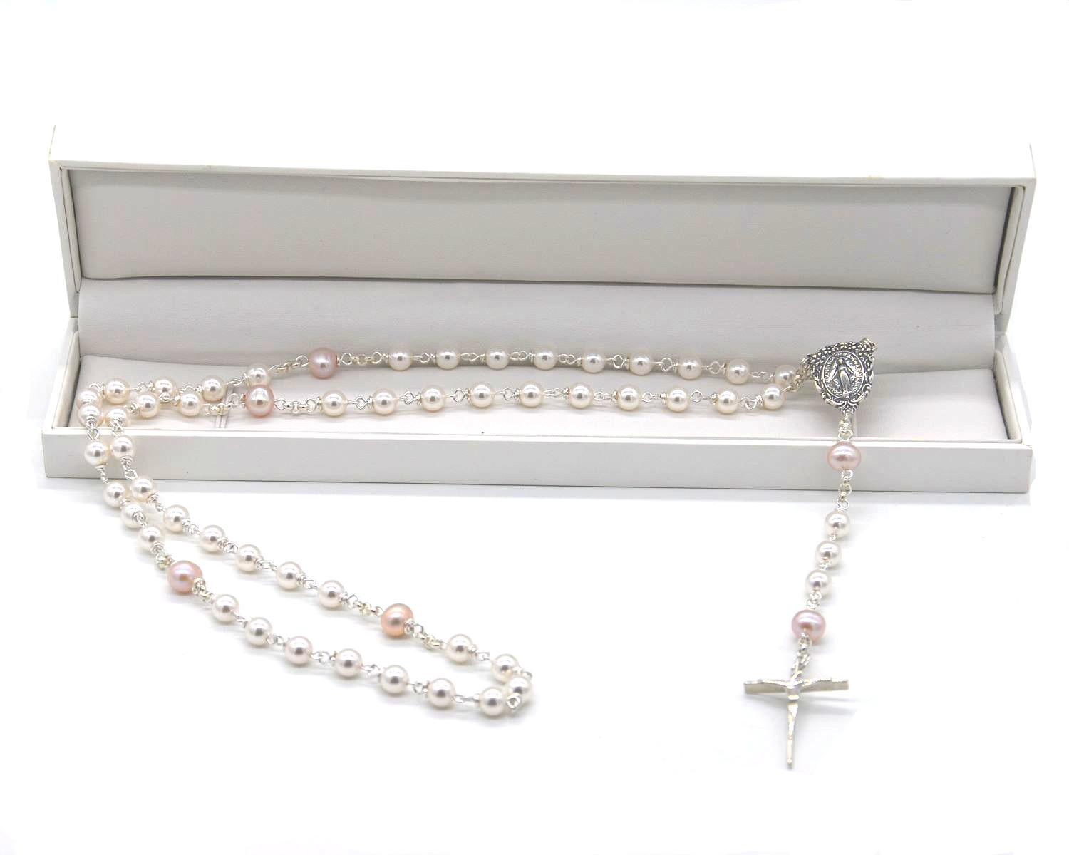 White CRYSTAL Pearl & Pink Cultured Pearl Rosary Beads - Contemporary Crucifix